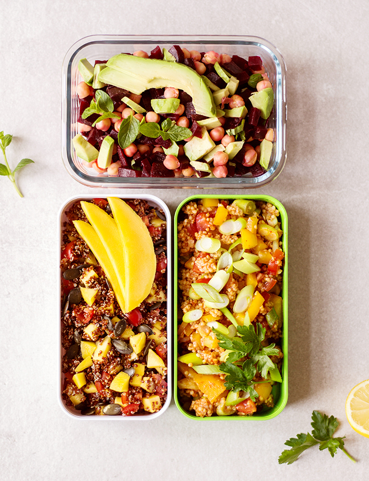 Heavenlynn Healthy – Drei vegane schnelle Salate für unterwegs. Rezepte für Quinoa-Mango-Salat, Kichererbsen-Rote-Bete-Salat und Hirse-Tomaten-Salat