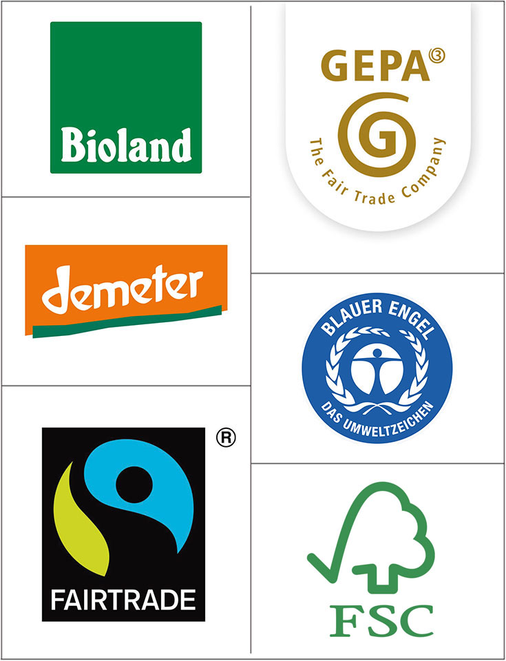 Bio, Nachhaltig & Fairtrade – Zertifikate, Siegel für nachhaltige Produkte & Öko Lebensmittel, Umweltsiegel, Umweltzeichen, Bio-Siegel, Blauer Engel. nachhaltige Holzwirtschaft, FSC, Bioland, Demeter, GEPA, zertifiziertes Holz, fair gehandelte Lebensmittel