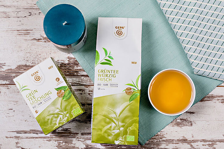Bio Tee aus ökologischem Anbau ohne Schadstoffe, Giftstoffe, Pestizide, künstliches Aroma. Die besten Marken für nachhaltigen Fair Trade Tee: Bio Grüntee von GEPA